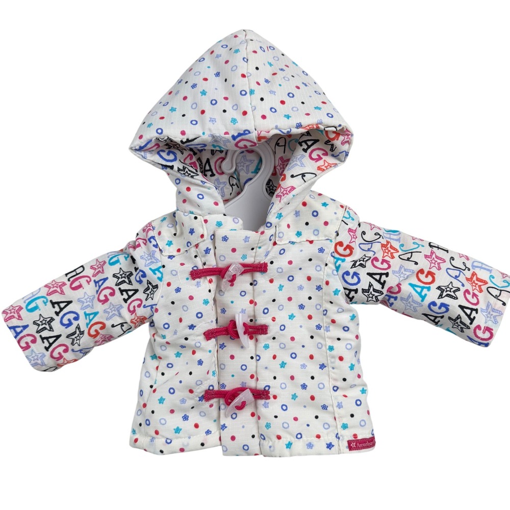 American Girl Doll Puffer Jacket White Star Polka Dot Toggle Hooded Outerwear